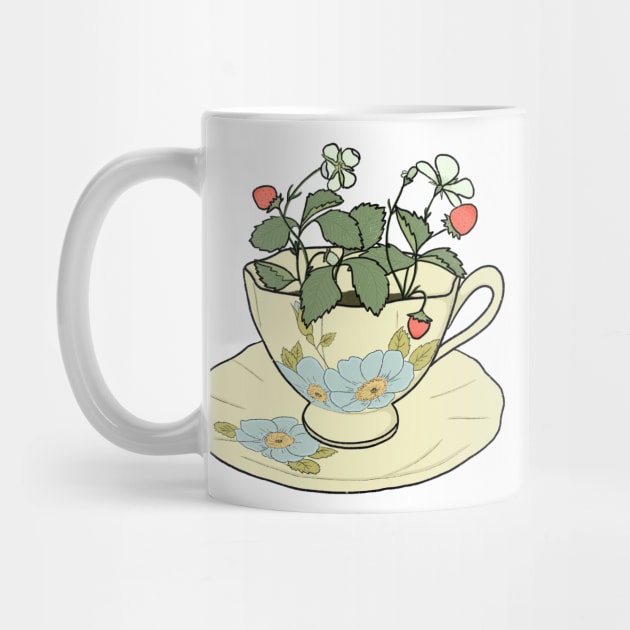 cottagecore strawberry plant growing in a floral pastel tea cup by JuneNostalgia